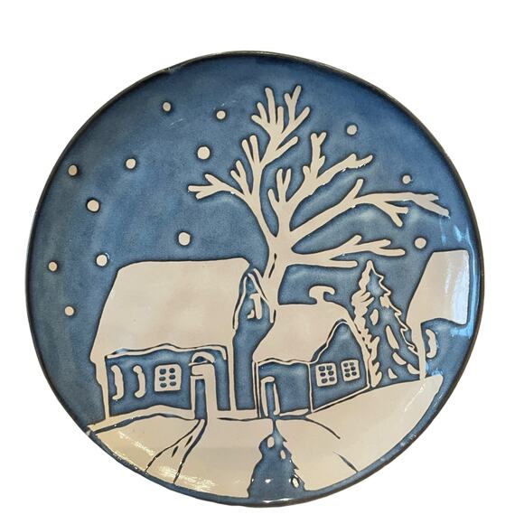 Eli + Ana Christmas Blue Nite Winter Snowy Cabin Salad Plates 8in Set of 4 NEW - Picture 9 of 11